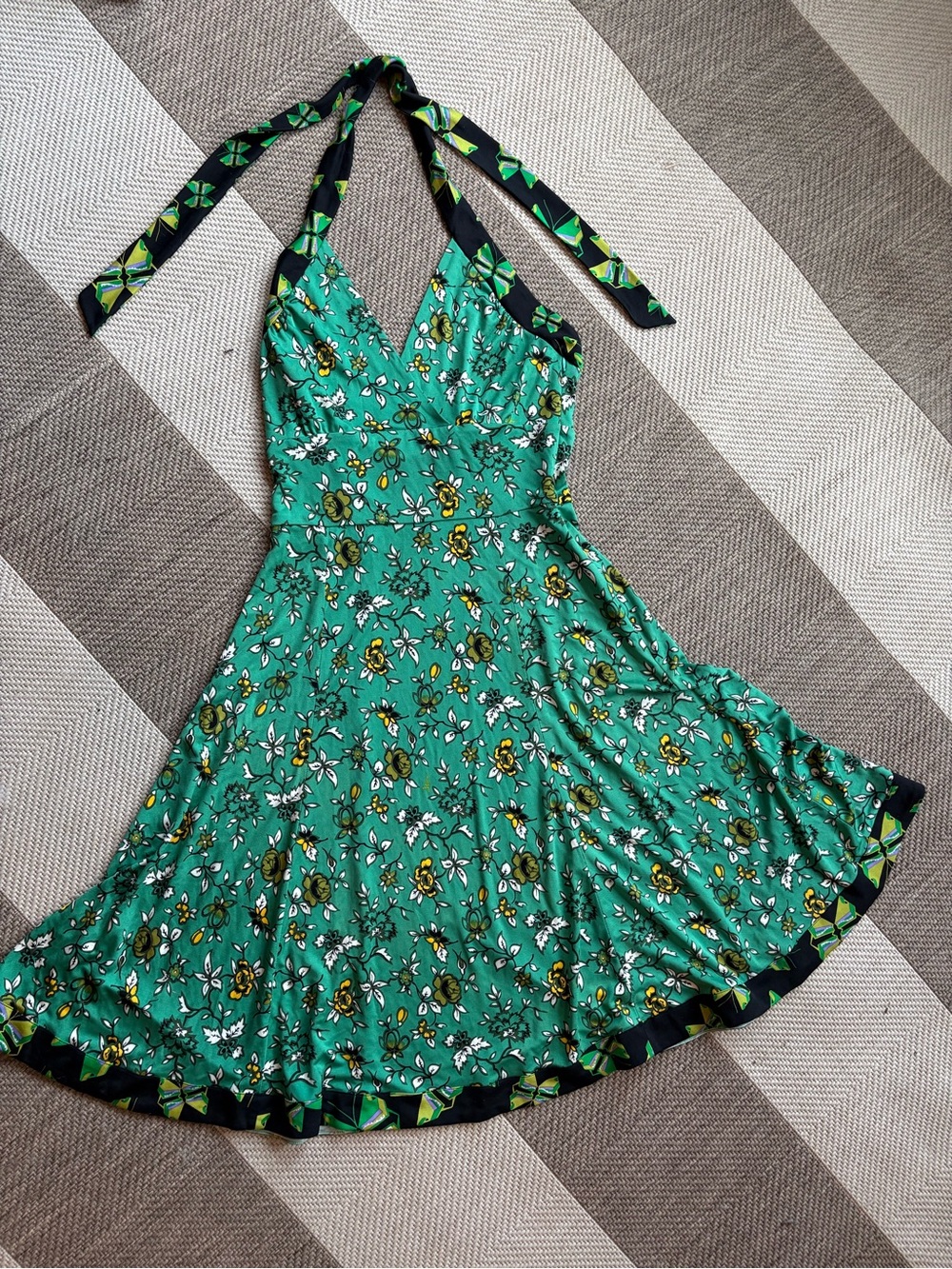 Issa London Green Floral Halter Dress with Black Trim